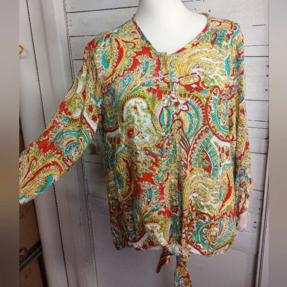 Cha Cha Vente Blouse Large Paisley Print Tie Top Multicolor Boho Hippie